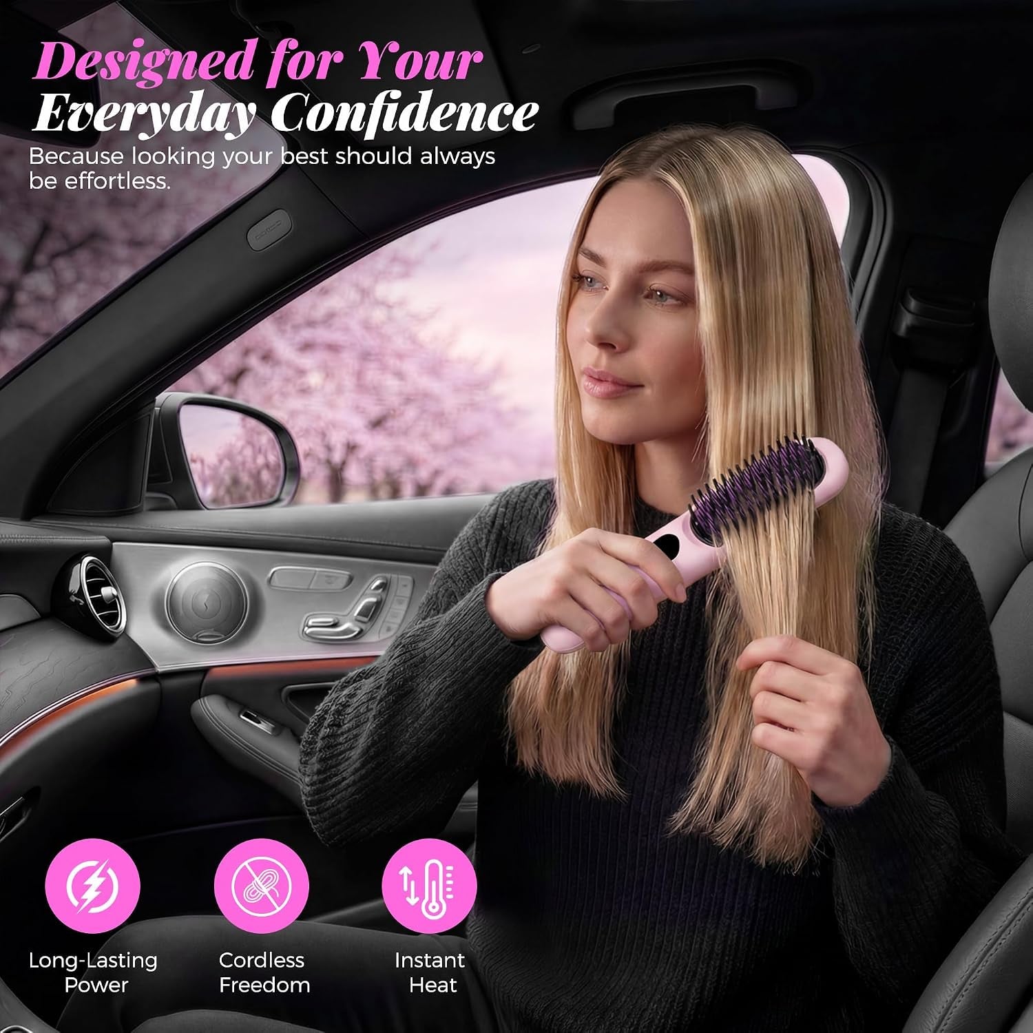 Go Brush Pro 2026, Cordless Hair Straightener Brush, Mini Hair Straightener with 4 Temperature Settings, Portable Hair Straightener Brush with MCH Heating and Ionic & Ceramic Care for Women (Pink)