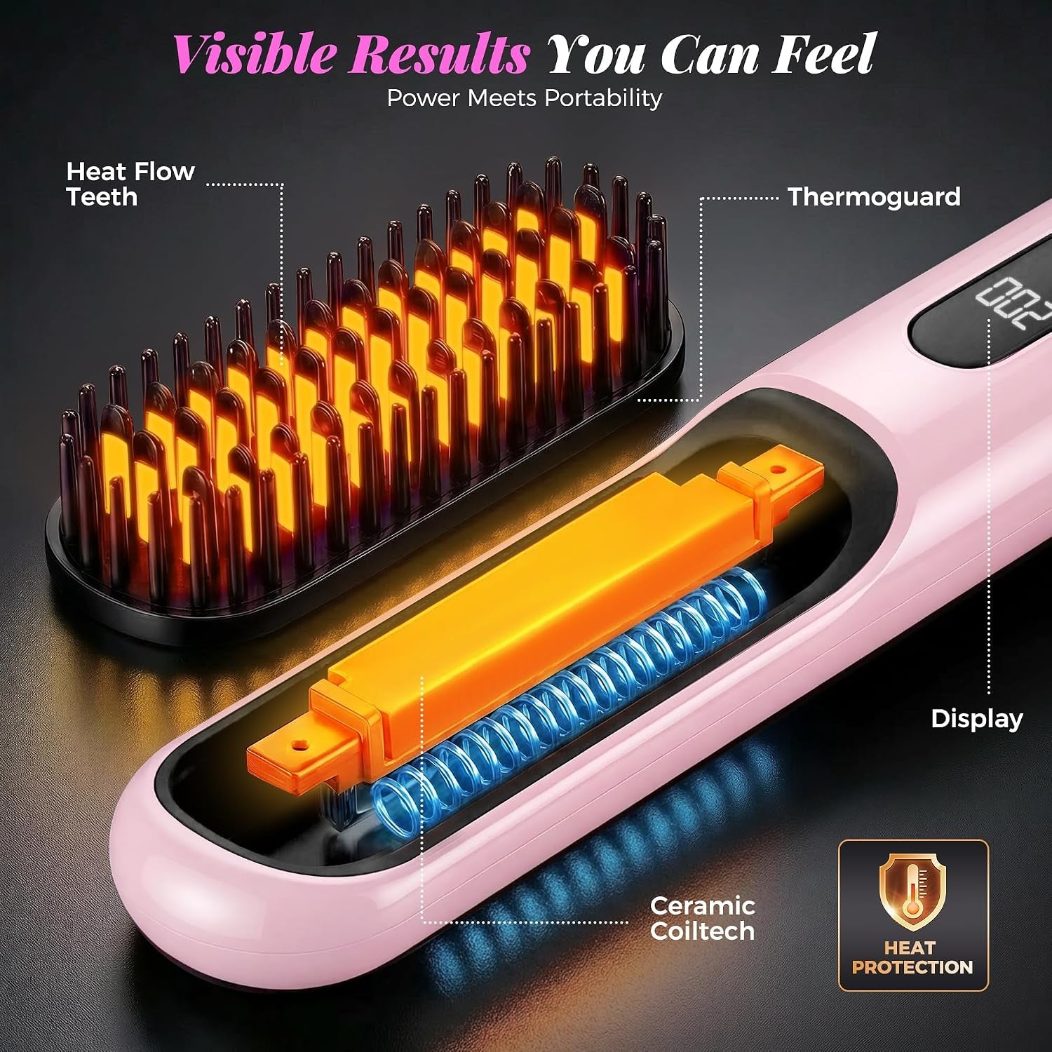 Go Brush Pro 2026, Cordless Hair Straightener Brush, Mini Hair Straightener with 4 Temperature Settings, Portable Hair Straightener Brush with MCH Heating and Ionic & Ceramic Care for Women (Pink)