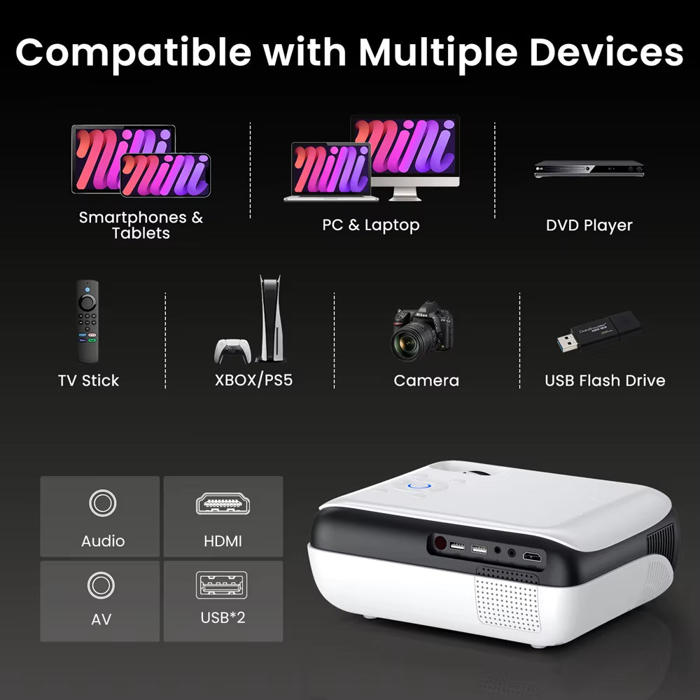 Native 1080P Bluetooth Projector, Full HD Portable Outdoor Movie Projector with Built-In Speaker, with HDMI, USB, AV