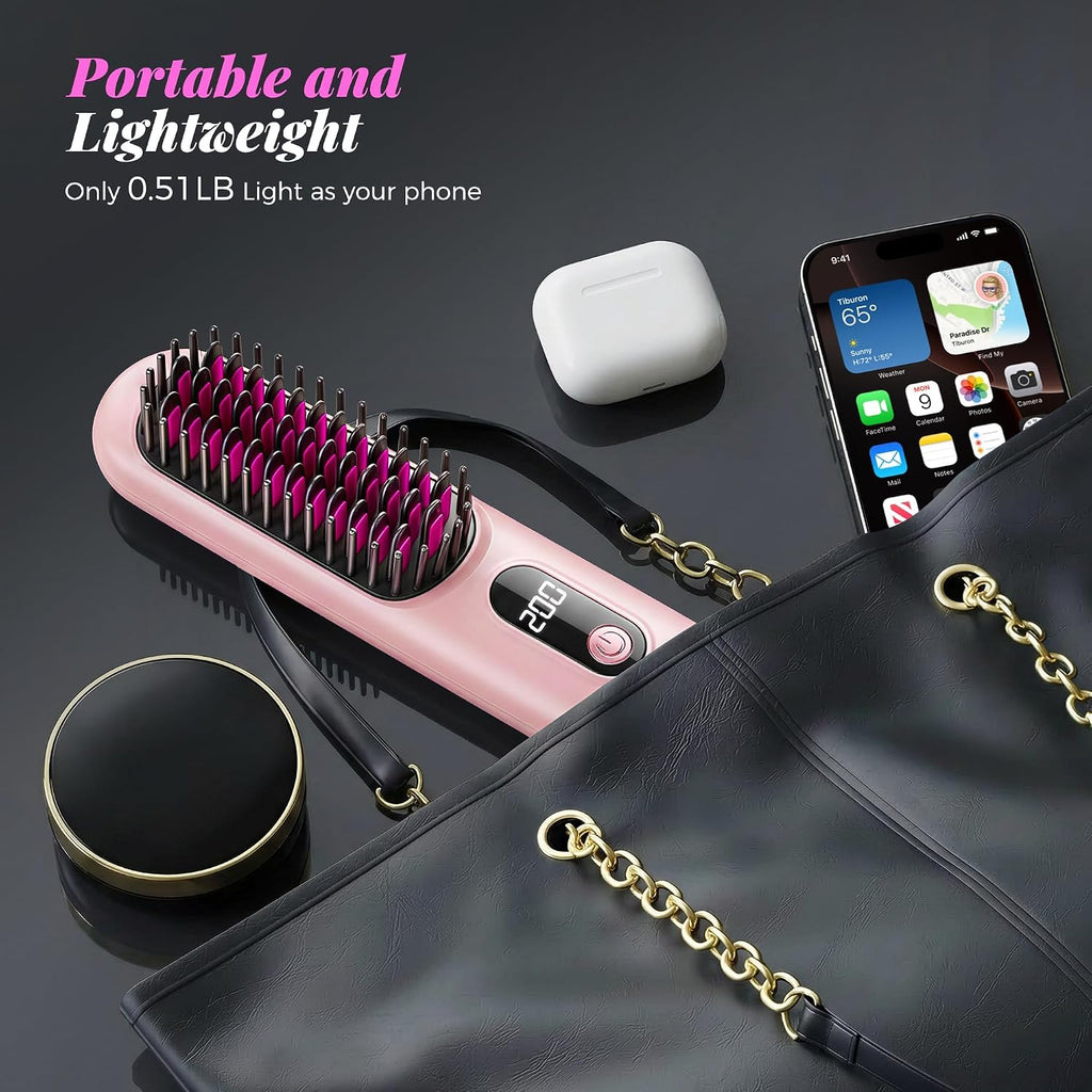 Go Brush Pro 2026, Cordless Hair Straightener Brush, Mini Hair Straightener with 4 Temperature Settings, Portable Hair Straightener Brush with MCH Heating and Ionic & Ceramic Care for Women (Pink)