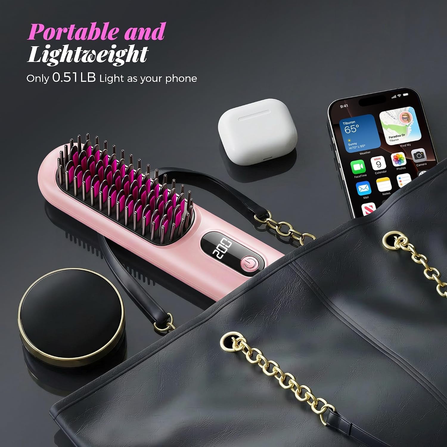 Go Brush Pro 2026, Cordless Hair Straightener Brush, Mini Hair Straightener with 4 Temperature Settings, Portable Hair Straightener Brush with MCH Heating and Ionic & Ceramic Care for Women (Pink)
