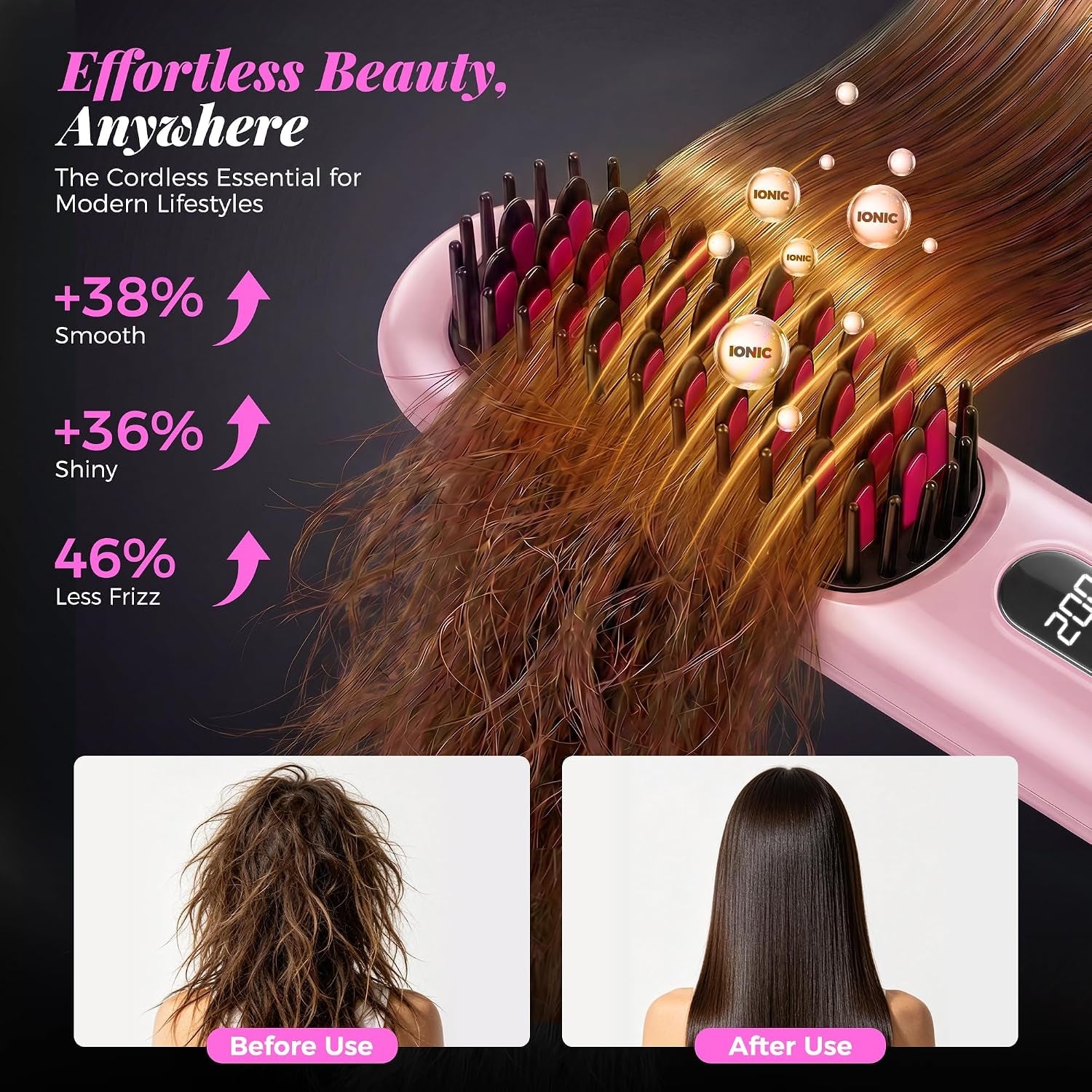Go Brush Pro 2026, Cordless Hair Straightener Brush, Mini Hair Straightener with 4 Temperature Settings, Portable Hair Straightener Brush with MCH Heating and Ionic & Ceramic Care for Women (Pink)