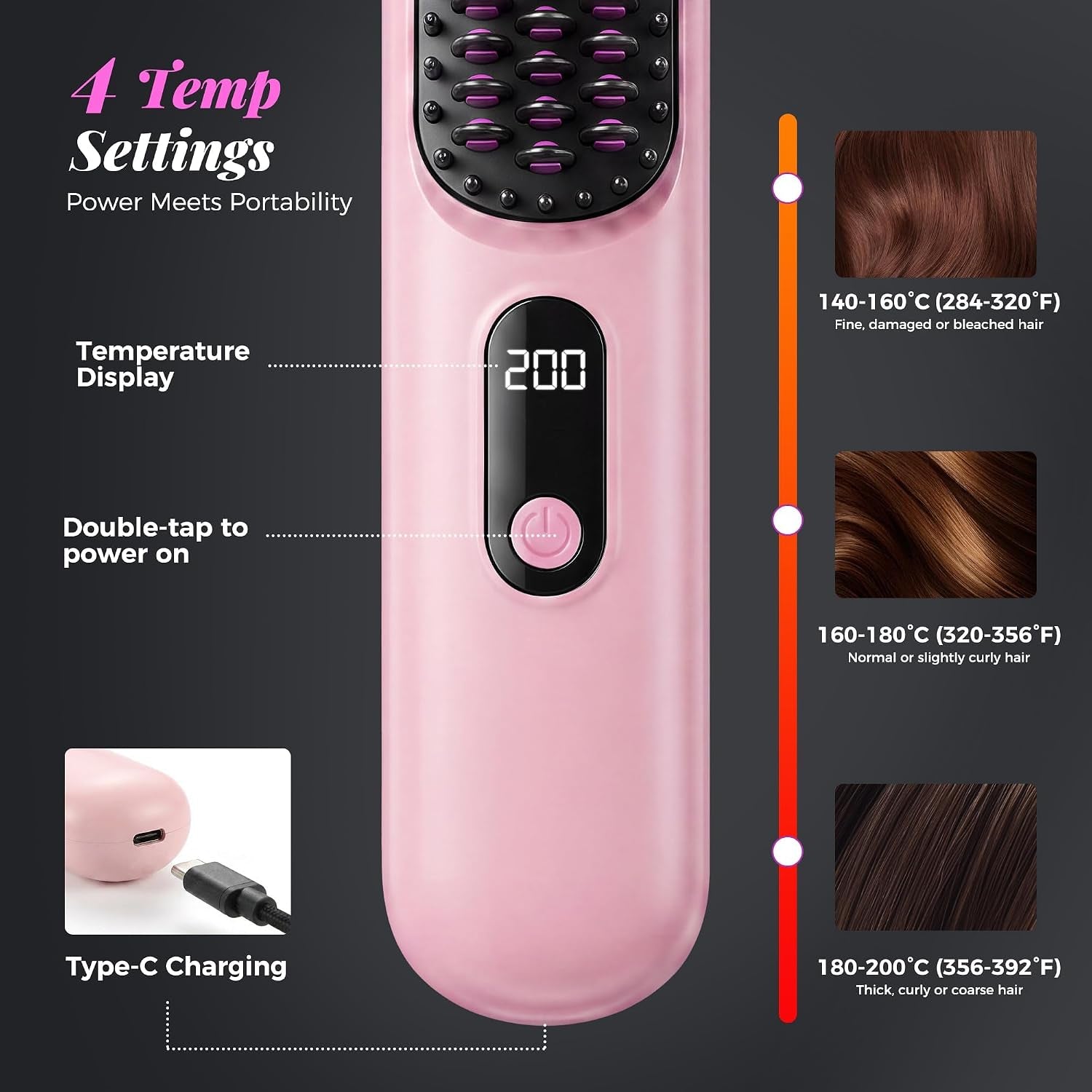 Go Brush Pro 2026, Cordless Hair Straightener Brush, Mini Hair Straightener with 4 Temperature Settings, Portable Hair Straightener Brush with MCH Heating and Ionic & Ceramic Care for Women (Pink)